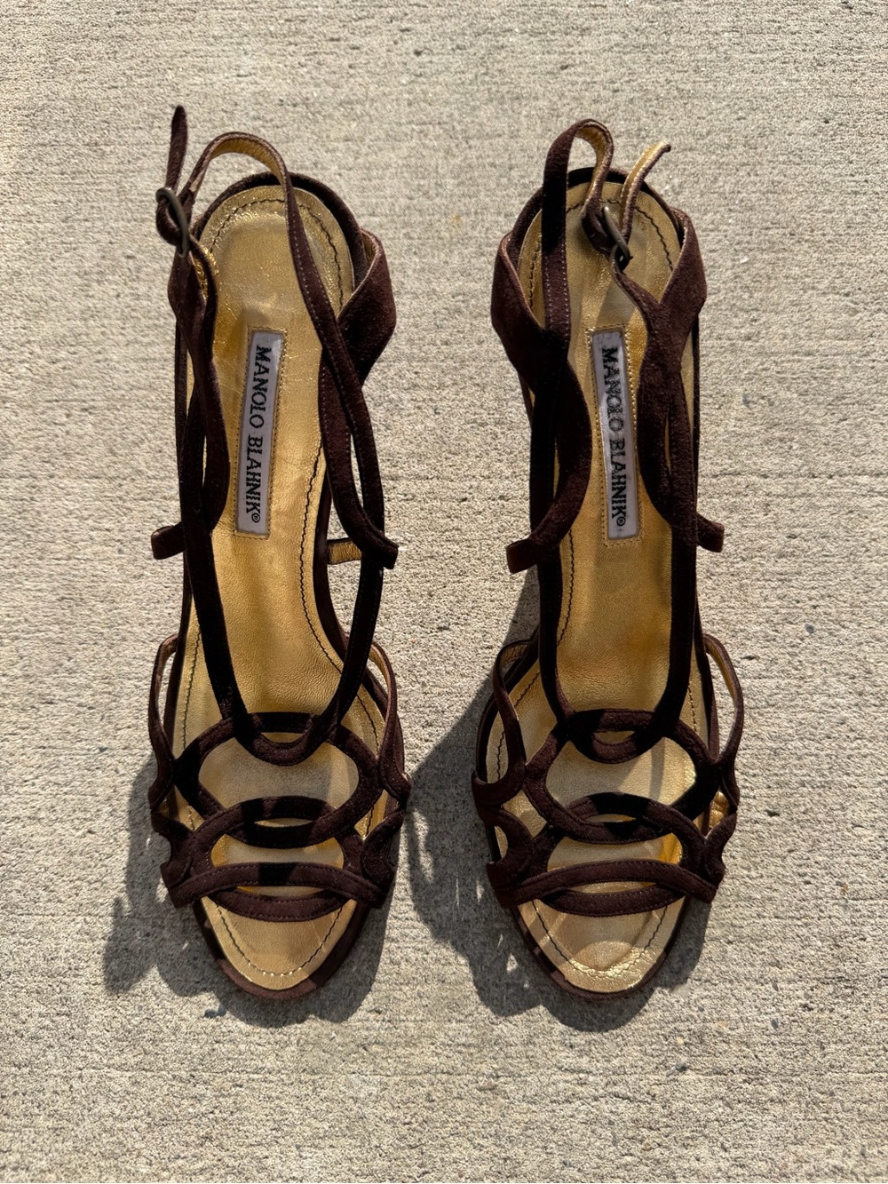 Chocolate Brown Suede Manolo Blahnik Strappy Heeled Sandals